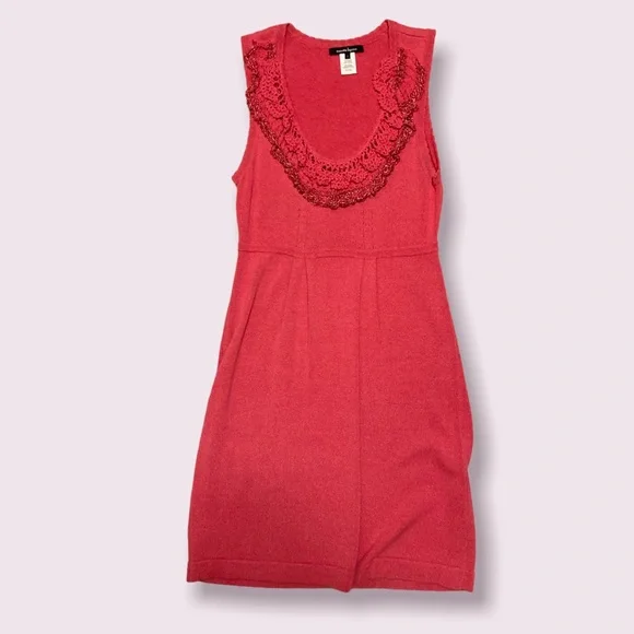 Nanette Lepore raspberry color knit dress with crochet ruffle neckline